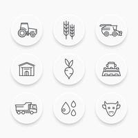 agricultura, conjunto de iconos de líneas agrícolas, tractor, agrimotor, cosecha, ganado, maquinaria agrícola, almacenamiento vector