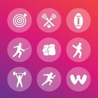 conjunto de iconos deportivos, tiro con arco, boxeo, lacrosse, cricket, esgrima, fútbol, levantamiento de pesas, carrera, lucha de brazos vector