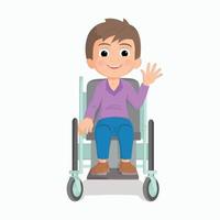 Illustration of a young boy riding on a wheelchair on a white background
