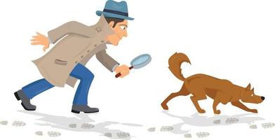detective with magnifying glass and tracker dog hunting traces vector