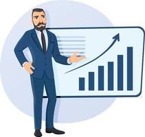 Businessman with infographic board. Businessman show thumb up on white background. vector