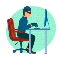 Hacker Operating A Personal Computer Vector Icon Illustration. Hacker And Technology Concept White Isolated.