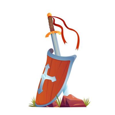 Shield and big sword isolated on white background. Vector illustration.