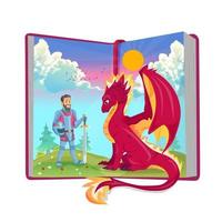 libro abierto de cuentos de hadas con caballero con espada y dragón sobre fondo blanco vector