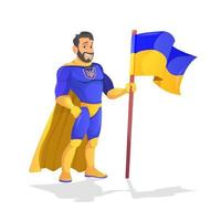 guapo superhéroe de dibujos animados de pie con bandera ucraniana y heroico con una sonrisa amistosa sobre fondo blanco