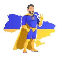hermoso superhéroe de dibujos animados vestido con colores ucranianos de pie con confianza y heroico con una sonrisa amistosa en el mapa de fondo de Ucrania