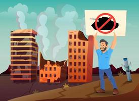 Save the world vector illustration. Man with crossed tank banner stand alone on city street after war or natural disaster.