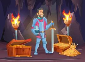 escena de aventura heroica con caballero con espada encontrando tesoros encantados en cueva mágica.