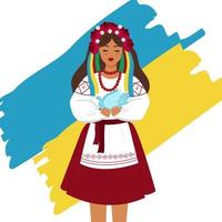 Ukrainian girl in national clothes on the background of the Ukrainian flag holds a dove. Vector illustration.
