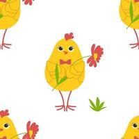 Cute yellow chicks in different poses seamless pattern, birds and flowers, butterflies. Vector illustration.