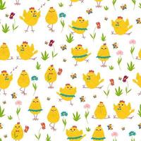 Cute chickens in different poses, flowers and butterflies seamless pattern. Easter chickens. Poultry. Vector illustration.