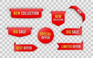 Collection of red ribbons tags badges and labels isolated on white background vector