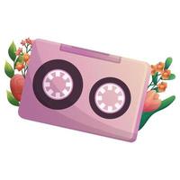 cintas de música retro con flores y hojas detrás. casete de audio con flores para diseño de impresión.objeto vintage dibujado a mano. ilustración vectorial aislada.