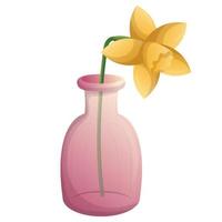 Yellow daffodil flower in pink glass bottle. Decoration in rustic style. Elements of wedding decorations. Hand drawn vector isolated illustration.
