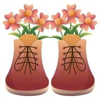 Boots with spring bouquet of flowers with leaves. Vector hand drawn isolated illustrations. Flat cartoon style.