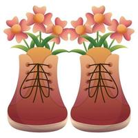 Boots with spring bouquet of flowers with leaves. Vector hand drawn isolated illustrations. Flat cartoon style.