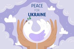 Two hands holding  white pigeon, dove on light purple background with clouds. Peace for Ukraine concept illustration. Ukrainian-russian military crisis. vector