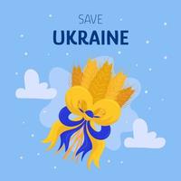 Wheat with Ukrainian flag colors ribbon on blue sky background. Save Ukraine concept. Stop war sign.