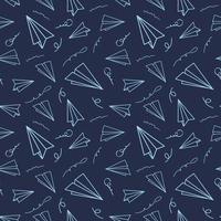 Vintage design with paper airplane seamless pattern on dark blue background. Vector cartoon illustration. Modern color origami wallpaper, abstract backdrop.