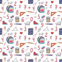 Seamless hand drawn pattern with colorful back to school on white background. Vector education illustration.