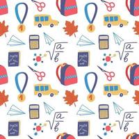 Seamless hand drawn pattern with colorful back to school on white background. Vector education illustration.