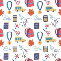 Seamless hand drawn pattern with colorful back to school on white background. Vector education illustration.