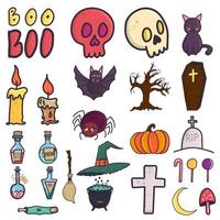 Doodle collection with big halloween set for party design. Witch hat, cat, bat, poison bottles, candle, pumpkin, skull, candy, moon etc. vector