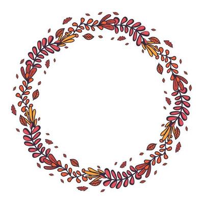 Retro hand drawn set with autumn leaf in round wreath for concept design.