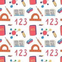 Seamless hand drawn pattern with colorful back to school on white background. Vector education illustration.