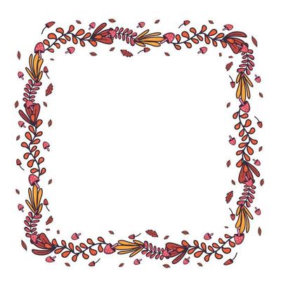 Retro hand drawn set with autumn leaf and musgrooms in square wreath for concept design.