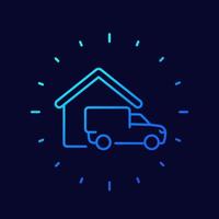 Home delivery line icon, van and house vector