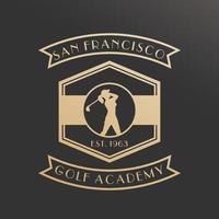 Golf academy vintage logo, emblem with girl golfer swinging golf club, gold on dark, vector illustration