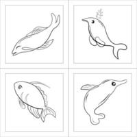 Set of doodle cartoon outline fish underwater vector illustration