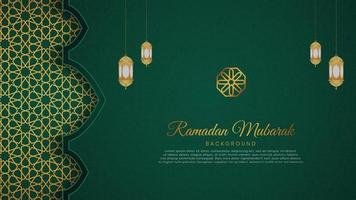 Ramadan Kareem Islamic Arabic Green Luxury Background with Geometric pattern and Beautiful Ornament with Lanterns vector