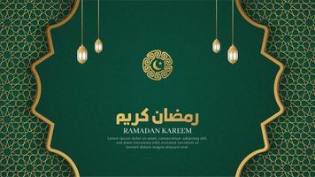Ramadan Kareem Islamic Arabic Green Luxury Background with Geometric pattern and Beautiful Ornamental Lanterns vector