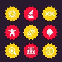 Biology icons, cell division, microscope, test-tubes, microbes vector