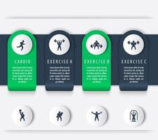 Gym training, workout, 4 steps, infographics elements, with fitness exercise icons, vector illustration