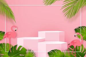 3 step podium mock up for products display in pink tropical summer theme vector