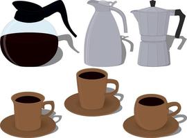 Glass and metal coffee pots with ceramic cups of coffee vector illustration