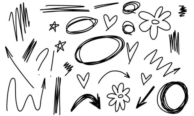 Doodle frame arrows flower stars hearts question. Sketch set cute scribble isolated line collection.