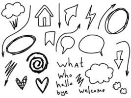 Doodle arrows, frames, house, welcome text. Sketch set cute isolated line collection for home. vector