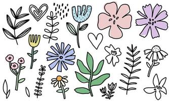 Doodle cute flowers set love hand drawn. Valentine's day for wedding isolated line collection. vector