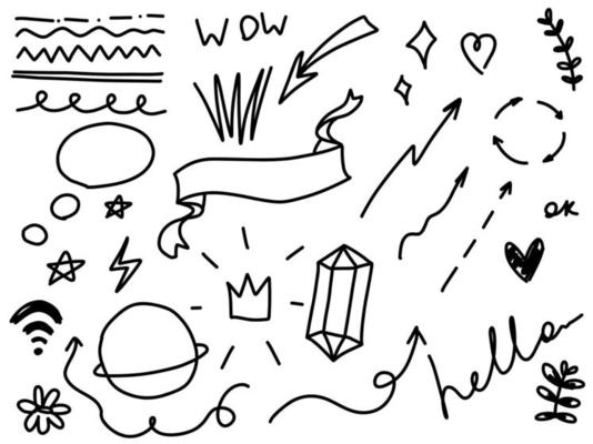 Doodle frames line arrows, planet, stars, diamond, hello, wow text, crown. Sketch set cute isolated line collection for office.