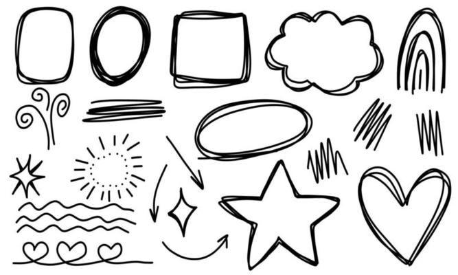 Doodle frames set hand drawn. Round, hearts, star line cloud, scribble. Valentine's day for wedding isolated collection.