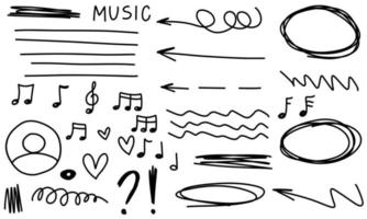 Doodle frames arrows music stars hearts notes text. Sketch set cute isolated line collection for school. vector