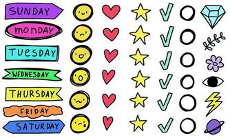 Doodle days of the week, faces with emotions, hearts, stars, tasks collection. Stickers isolated line. Hand drawn vector illustrations