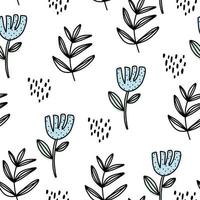 Hand drawn doodle blue green seamless wallpaper flowers. Cute line vector white pattern for paper, fabric, book, bedroom, children.