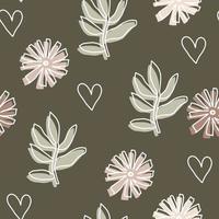 Hand drawn doodle green seamless wallpaper with flowers. Cute white line vector pattern for paper, fabric, book, bedroom, children.