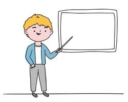 The teacher standing at the blackboard and speaks in class, explains. A smart person on an isolated background for text. vector