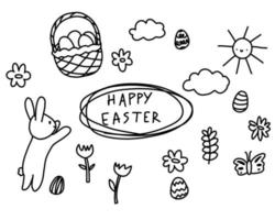 Doodle happy easter vector lettering in eggs, bunny isolated. Hand drawn black and white flowers cute calligraphy.